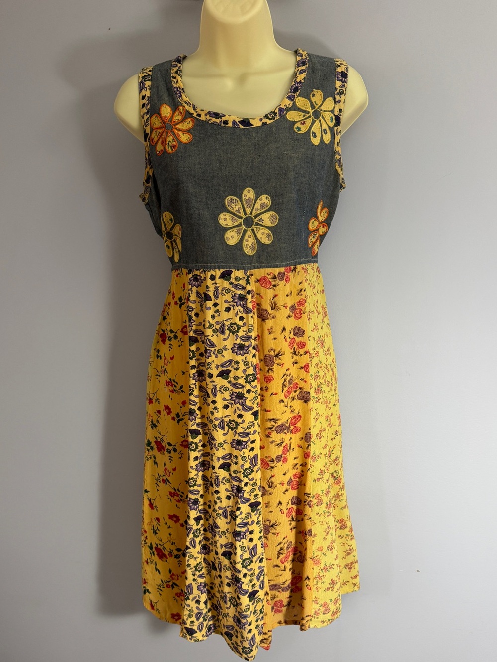 Vintage Raindrops Patchwork Floral Dress 90s Boho Grunge Cottagecore Tie Back M - Picture 4 of 15